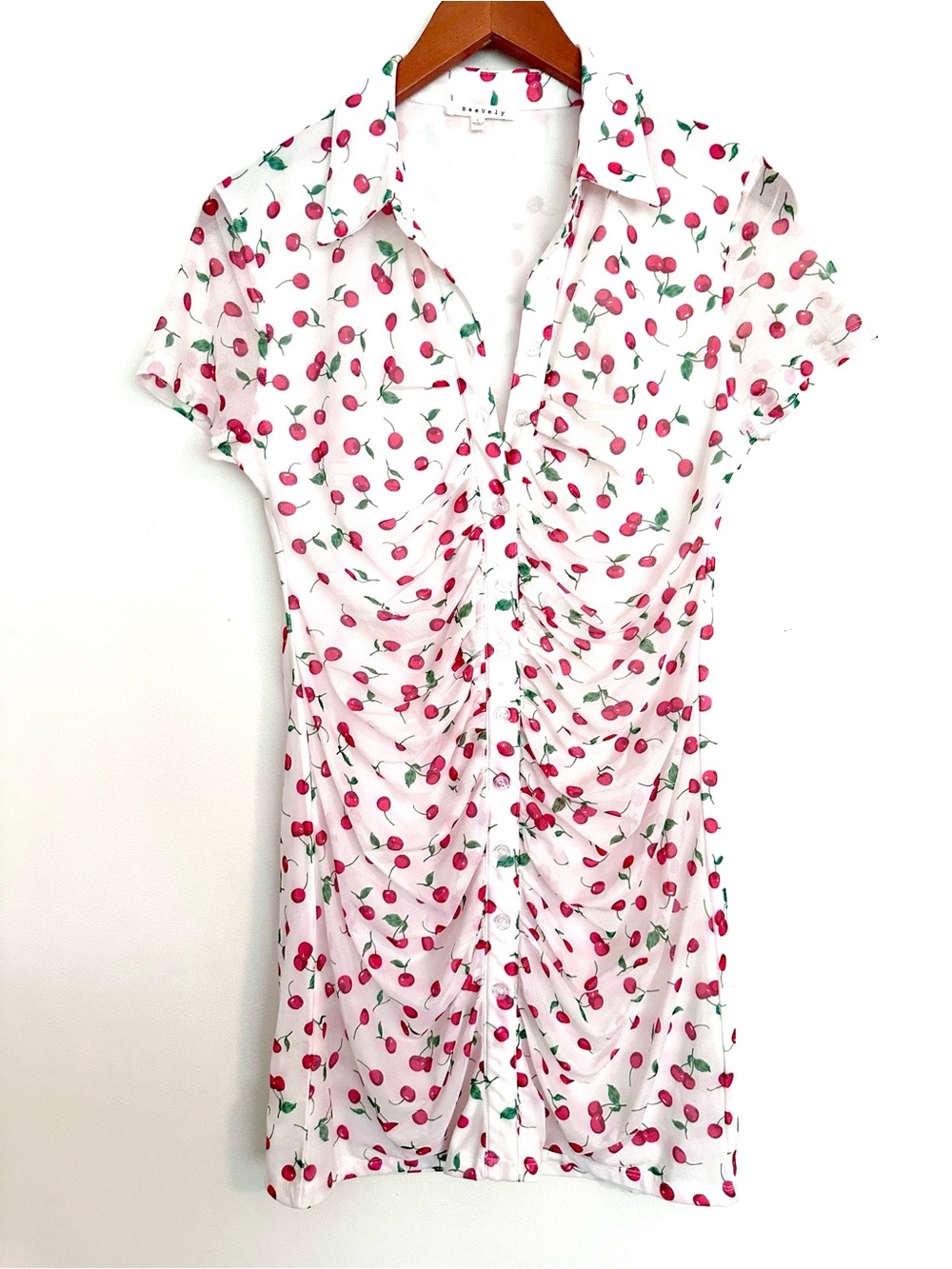 BaeVely Cherry Print Runched Button Down Mini Dress in White and Red Size Large